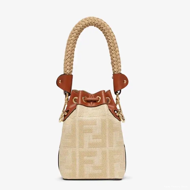 Cheap Beige with Motif Handle FF Bag Tresor Mini Bucket Mon Fendi Straw Straw In 0508